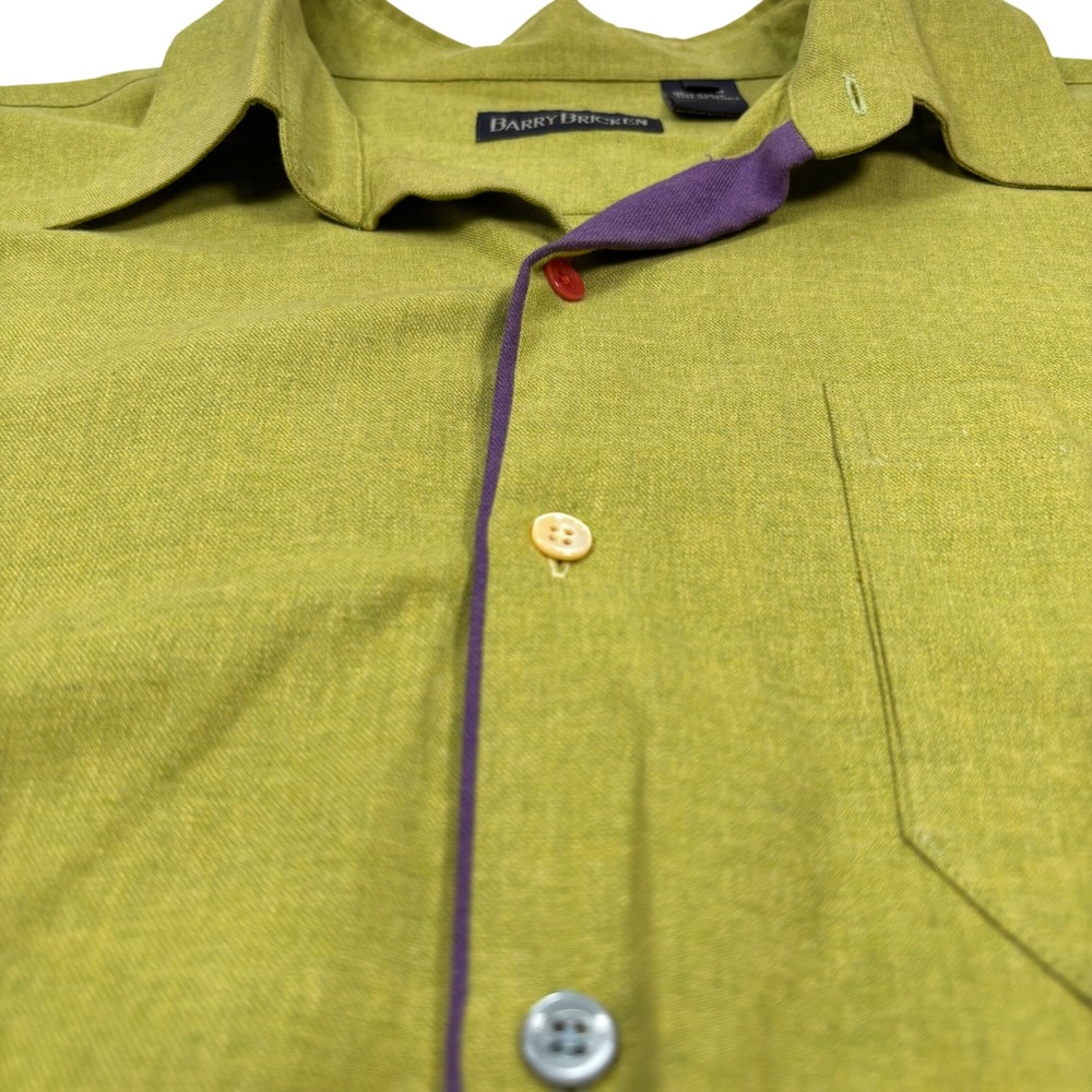 Barry Bricken Men XL Button Shirt Green Purple Trim Cotton Long Sleeve Colorful